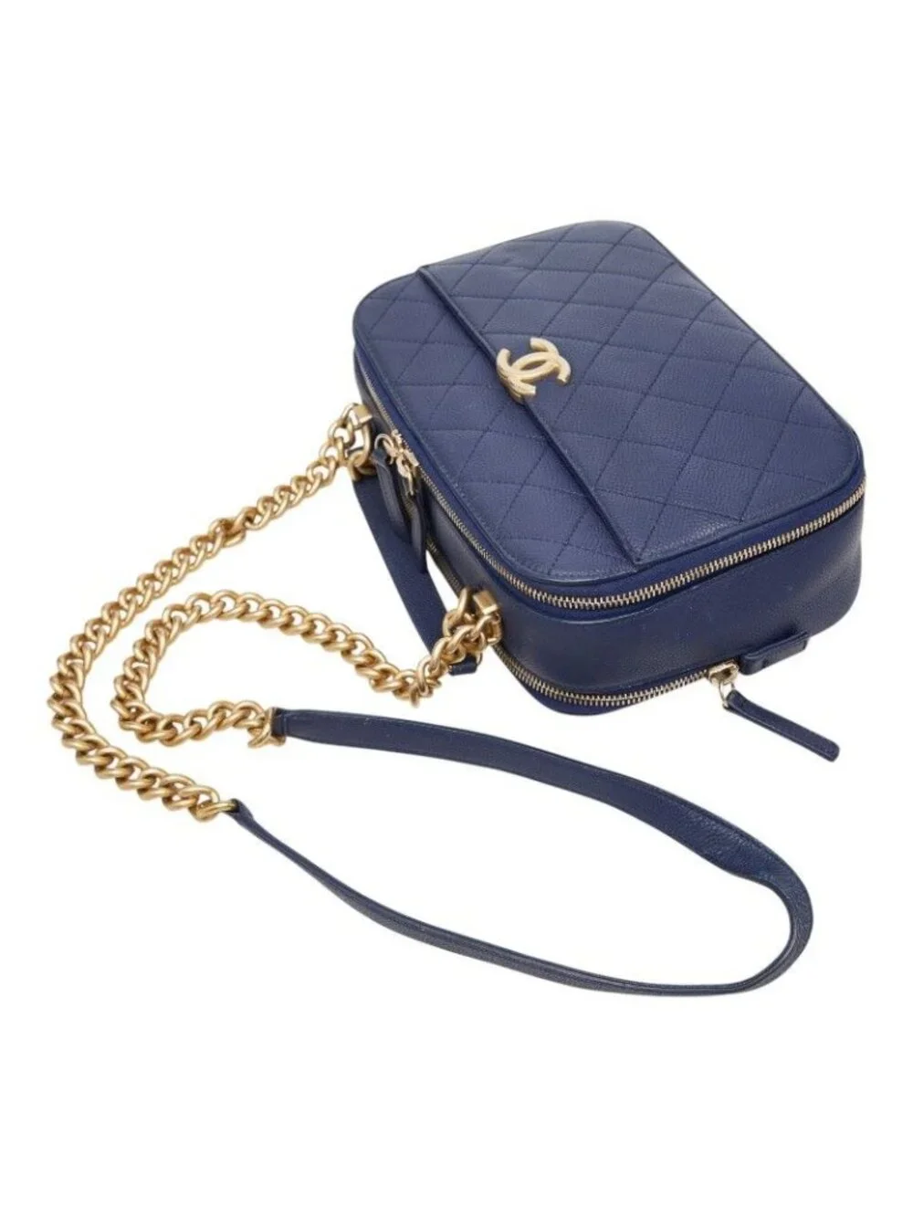Chanel Quilted CC Logo Chain Shoulder Bag Vanity 2-Way Navy Gold Caviar Leather